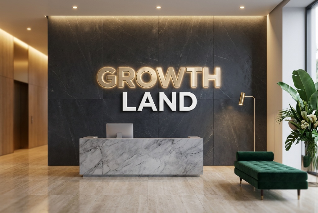 Growth Land branded office reception with marble desk and gold-lit logo wall